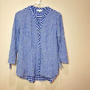Habitat Gingham Top Women XS Blue White Check Seersucker Button Front Country